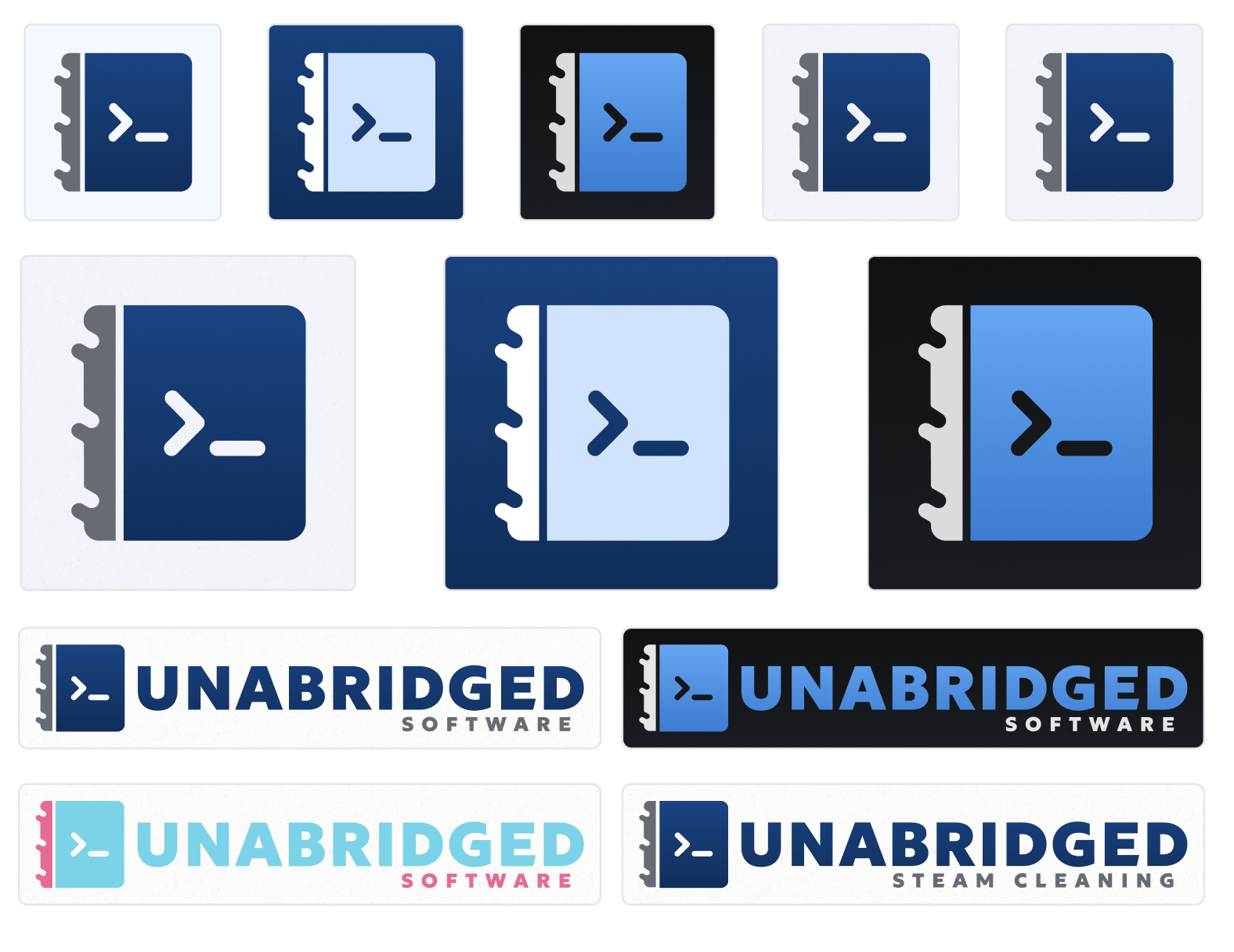 Complete Unabridged logo system showing icon, wordmark, and variants